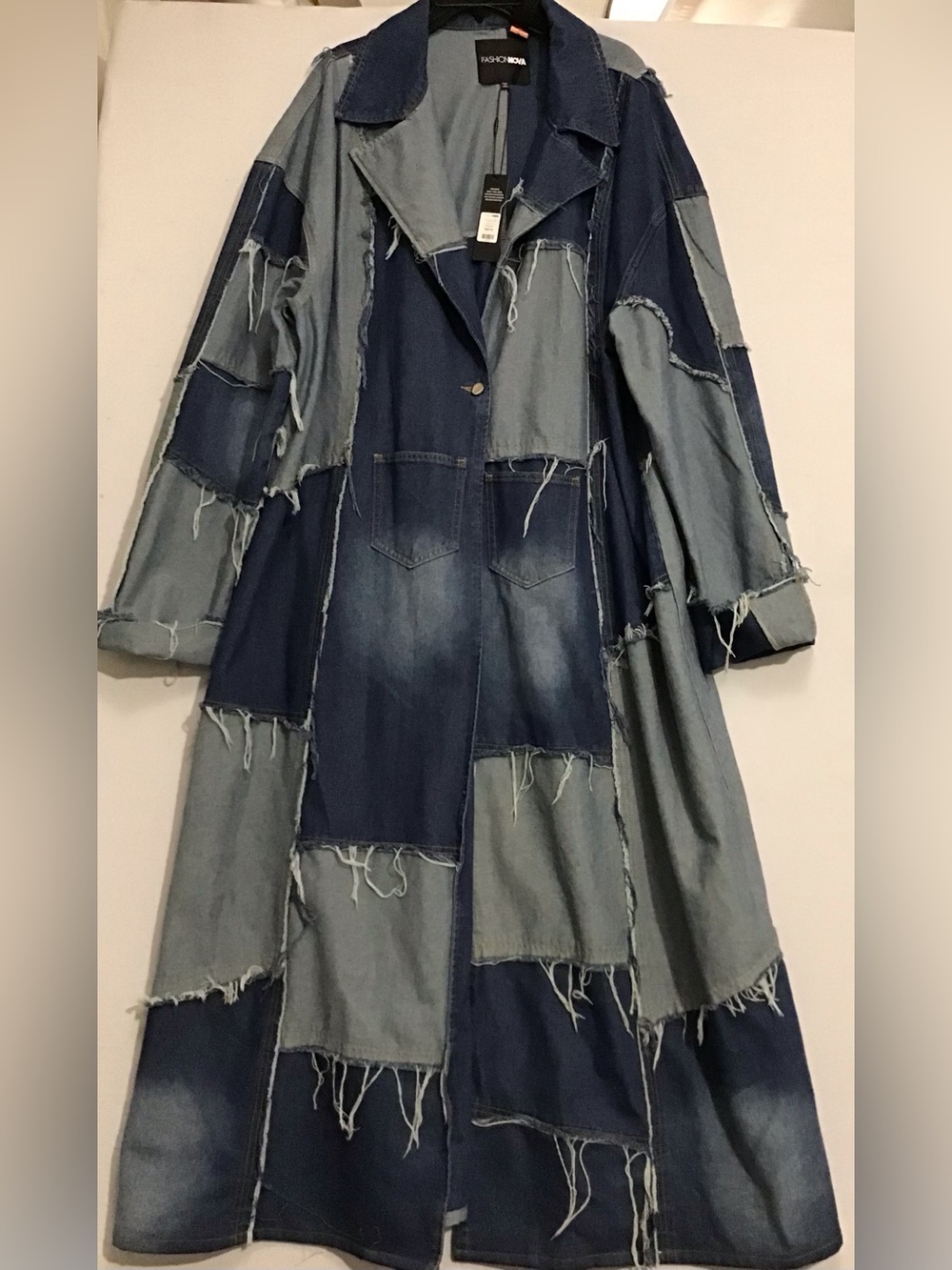 500 Fashion Nova Patchwork Denim Trench Coat - Dark Blue & Light Blue